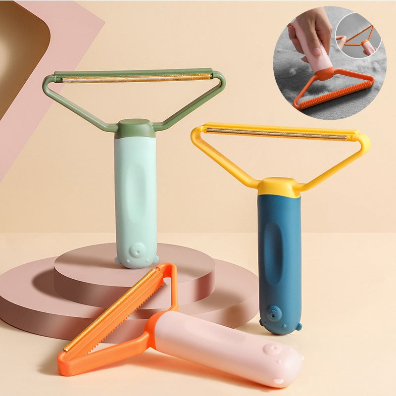 Sofa Clothes Cleaning Lint Brush set with ergonomic handles for removing lint and pet hair, displayed on a geometric background.