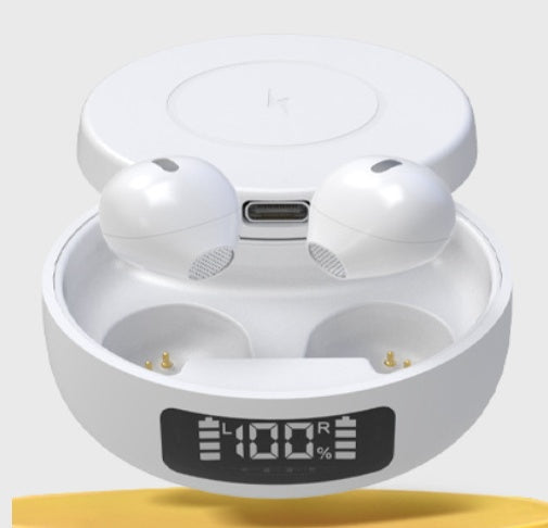 Earbuds wireless bluetooth headset in charging case with battery level display.